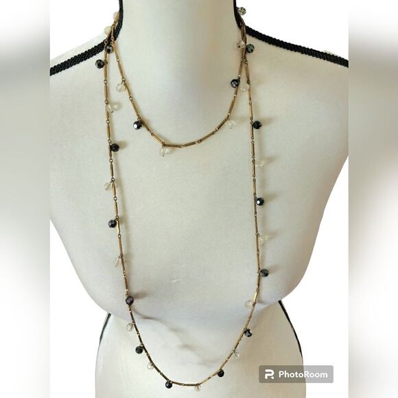 Vintage Gold Lucite floating beaded bar link double necklace - Picture 4 of 14